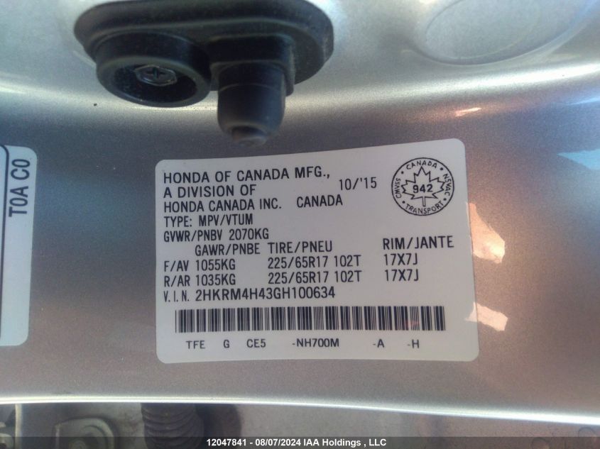 2016 Honda Cr-V Se VIN: 2HKRM4H43GH100634 Lot: 12047841