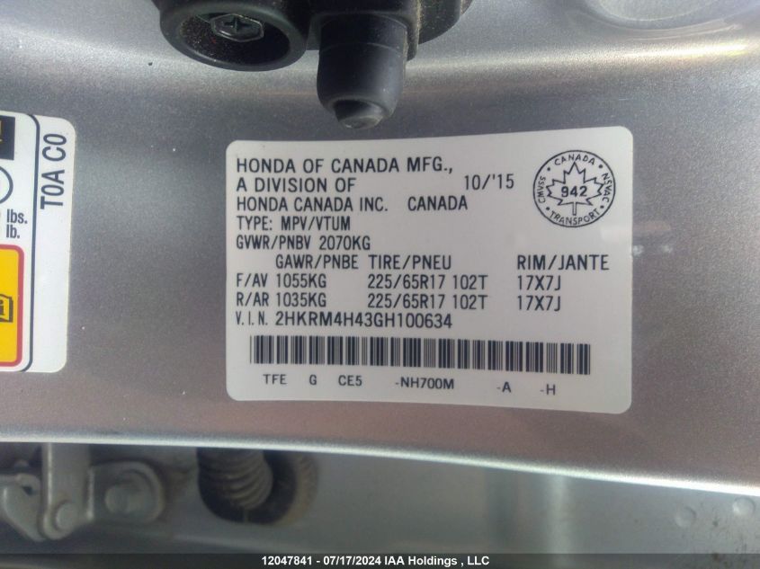 2016 Honda Cr-V Se VIN: 2HKRM4H43GH100634 Lot: 12047841