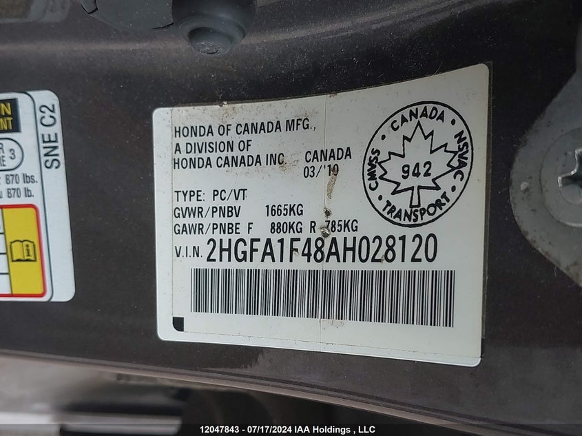 2010 Honda Civic Sdn VIN: 2HGFA1F48AH028120 Lot: 12047843