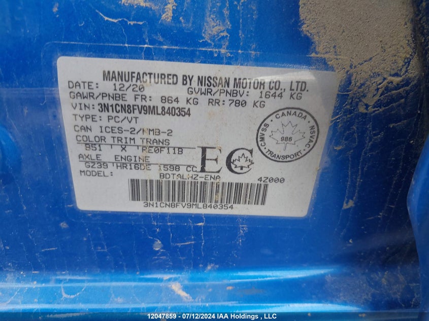 2021 Nissan Versa Sr VIN: 3N1CN8FV9ML840354 Lot: 12047859