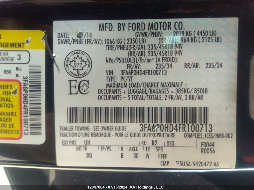 2015 Ford Fusion Se VIN: 3FA6P0HD4FR100713 Lot: 12047864