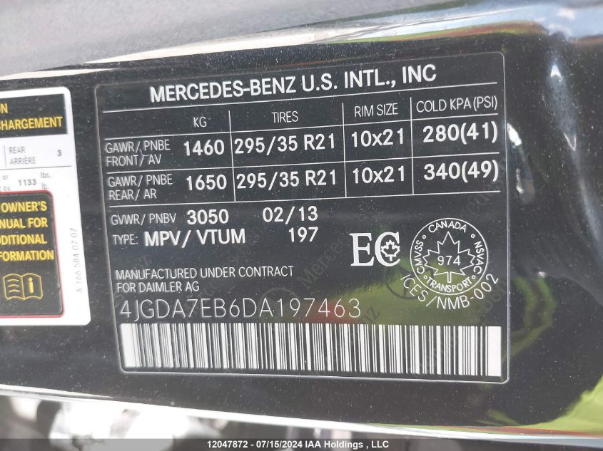 2013 Mercedes-Benz Ml-Class VIN: 4JGDA7EB6DA197463 Lot: 12047872