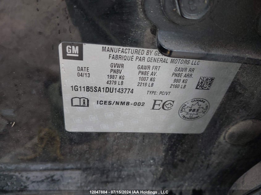 2013 Chevrolet Malibu VIN: 1G11B5SA1DU143774 Lot: 12047884