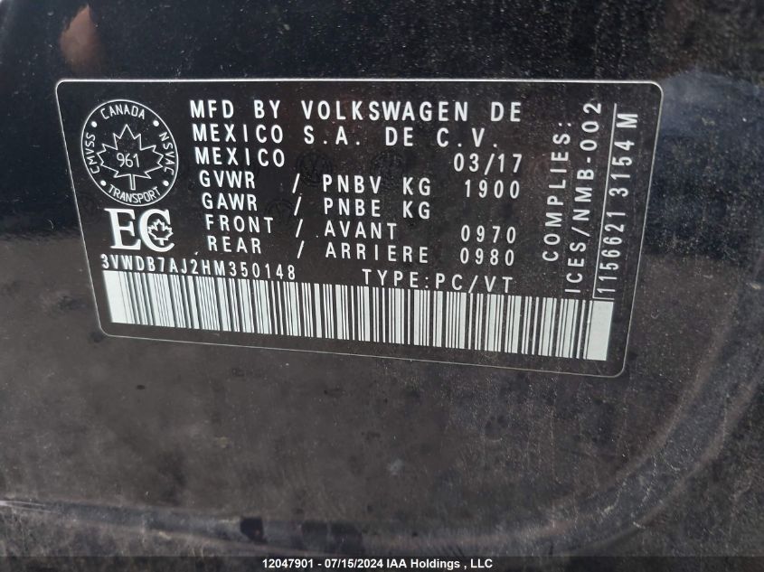 2017 Volkswagen Jetta Sedan VIN: 3VWDB7AJ2HM350148 Lot: 12047901