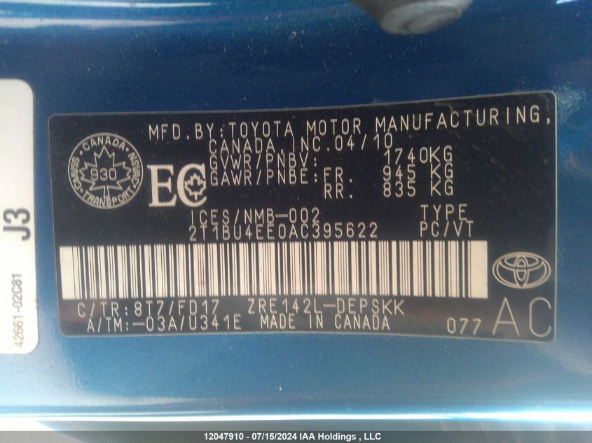 2010 Toyota Corolla S/Le/Xle VIN: 2T1BU4EE0AC395622 Lot: 12047910