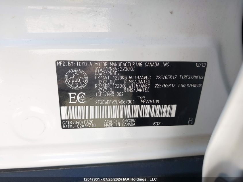 2020 Toyota Rav4 Le Hybrid VIN: 2T3BWRFV7LW067001 Lot: 12047931