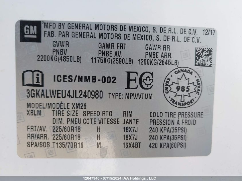 2018 GMC Terrain VIN: 3GKALWEU4JL240980 Lot: 12047940