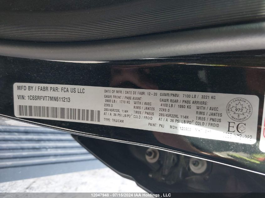 2021 Ram 1500 Sport VIN: 1C6SRFVT7MN611213 Lot: 12047948