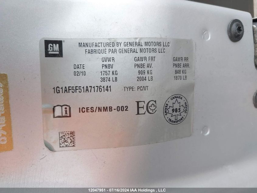 2010 Chevrolet Cobalt VIN: 1G1AF5F51A7176141 Lot: 12047951