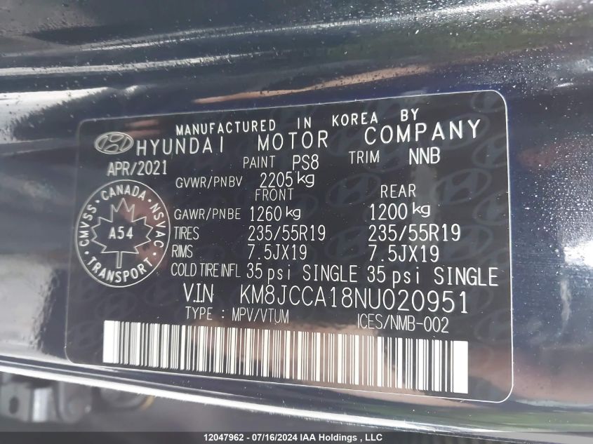 2022 Hyundai Tucson Luxury Hybrid Awd VIN: KM8JCCA18NU020951 Lot: 12047962