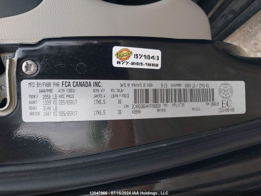 2019 Dodge Grand Caravan Se VIN: 2C4RDGBG4KR766868 Lot: 12047966