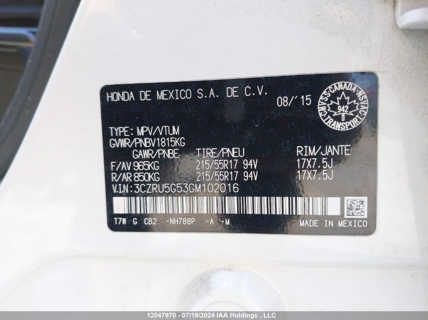 2016 Honda Hr-V VIN: 3CZRU5G53GM102016 Lot: 12047970