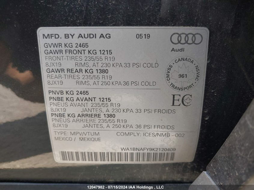 2019 Audi Q5 VIN: WA1BNAFY9K2120409 Lot: 12047982