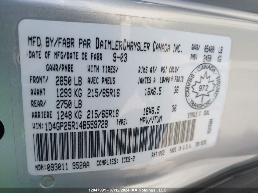 2004 Dodge Caravan VIN: 1D4GP25R14B559728 Lot: 12047991