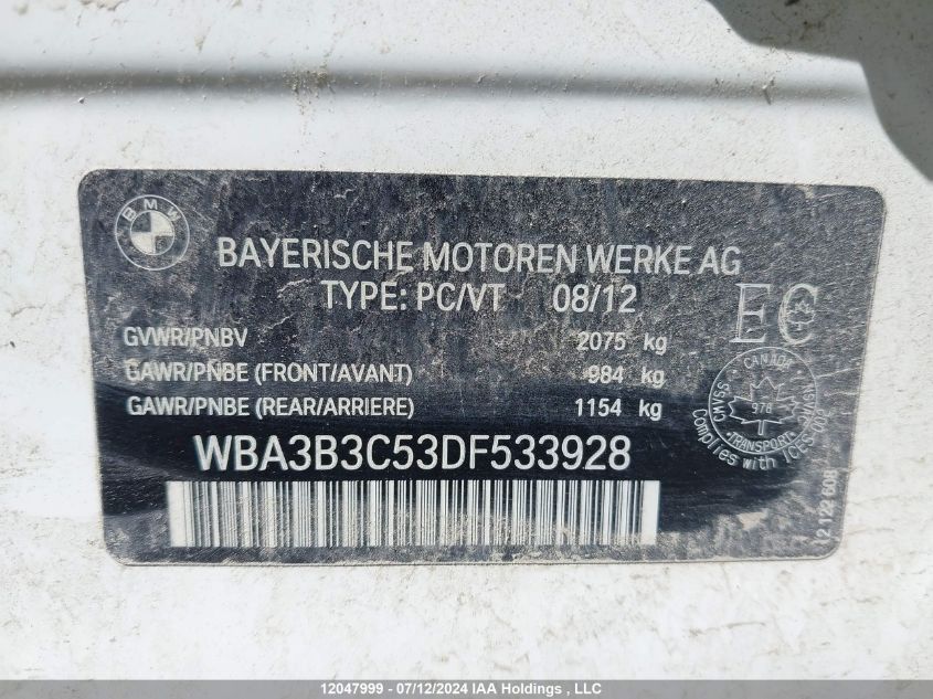 2013 BMW 328 Xi VIN: WBA3B3C53DF533928 Lot: 12047999