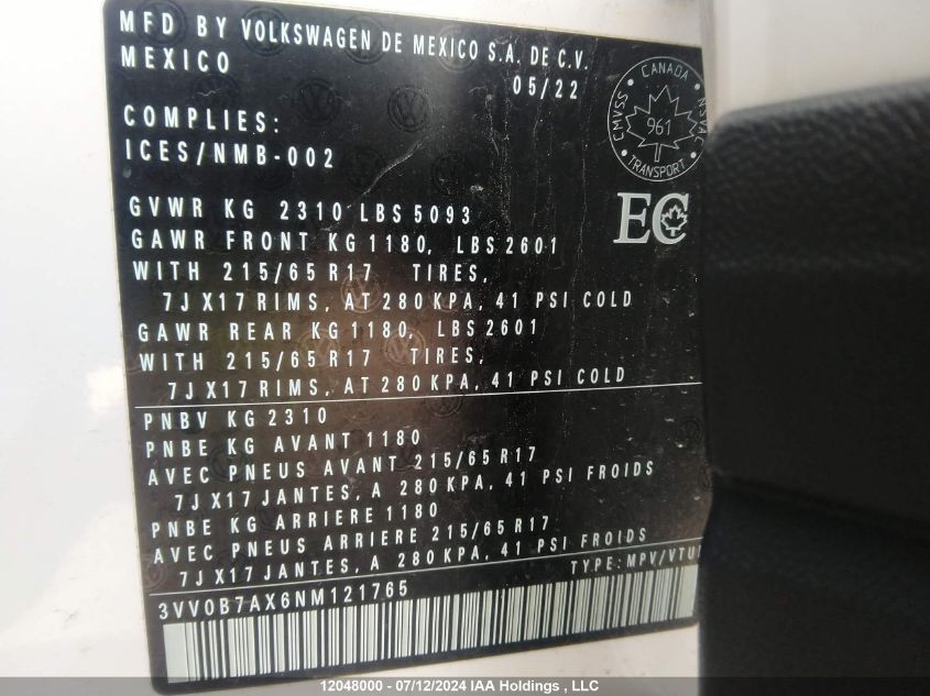 2022 Volkswagen Tiguan S VIN: 3VV0B7AX6NM121765 Lot: 12048000