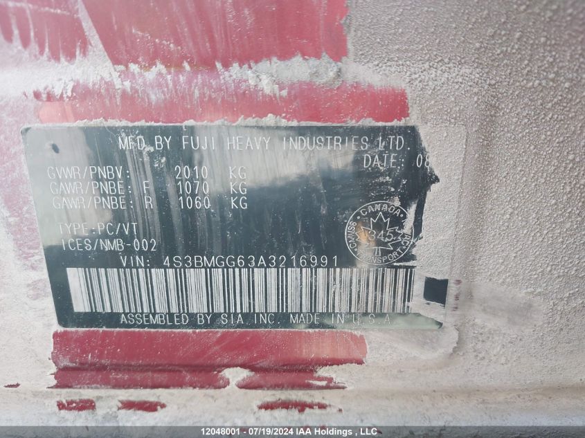 2010 Subaru Legacy 2.5I Premium VIN: 4S3BMGG63A3216991 Lot: 12048001