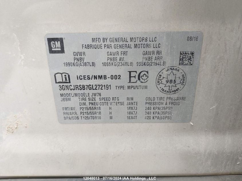 2016 Chevrolet Trax VIN: 3GNCJRSB7GL272191 Lot: 12048013