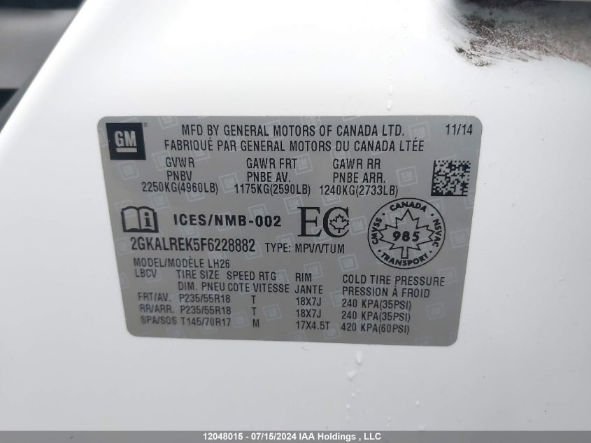 2015 GMC Terrain VIN: 2GKALREK5F6228882 Lot: 12048015