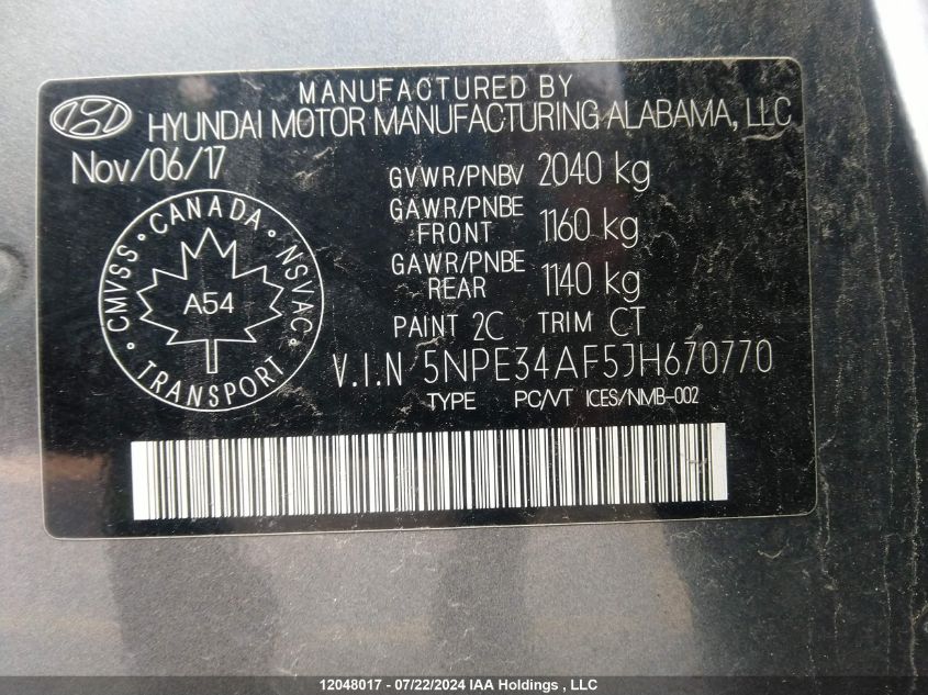 2018 Hyundai Sonata 2.4 Sport VIN: 5NPE34AF5JH670770 Lot: 12048017