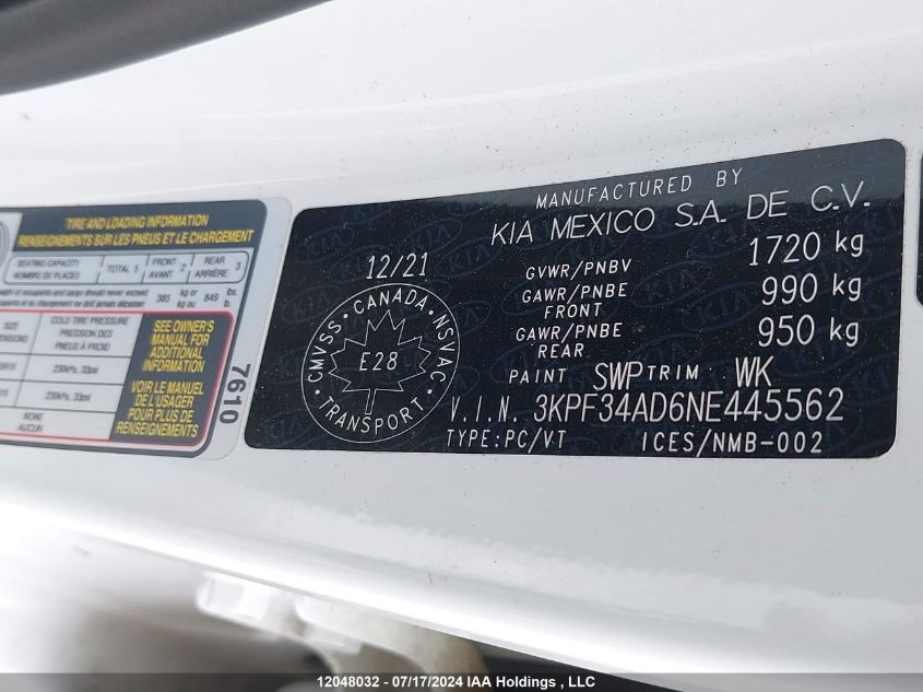 2022 Kia Forte VIN: 3KPF34AD6NE445562 Lot: 12048032