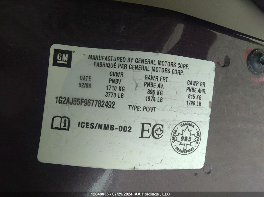 2006 Pontiac G5 Pursuit VIN: 1G2AJ55F967782492 Lot: 12048035