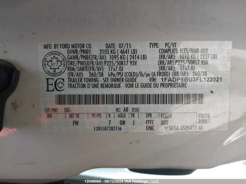 2015 Ford C-Max Hybrid Sel VIN: 1FADP5BU3FL122021 Lot: 12048060