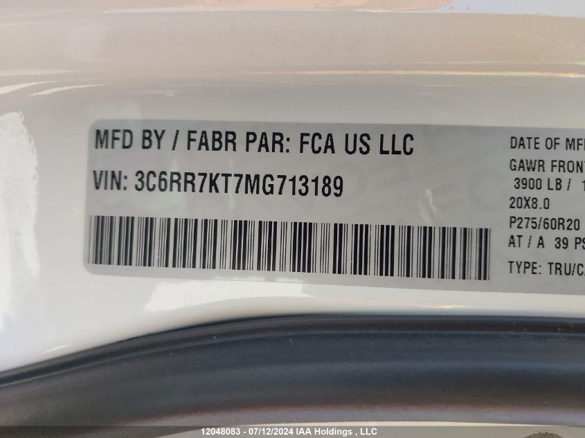 2021 Ram 1500 Classic Tradesman VIN: 3C6RR7KT7MG713189 Lot: 12048083