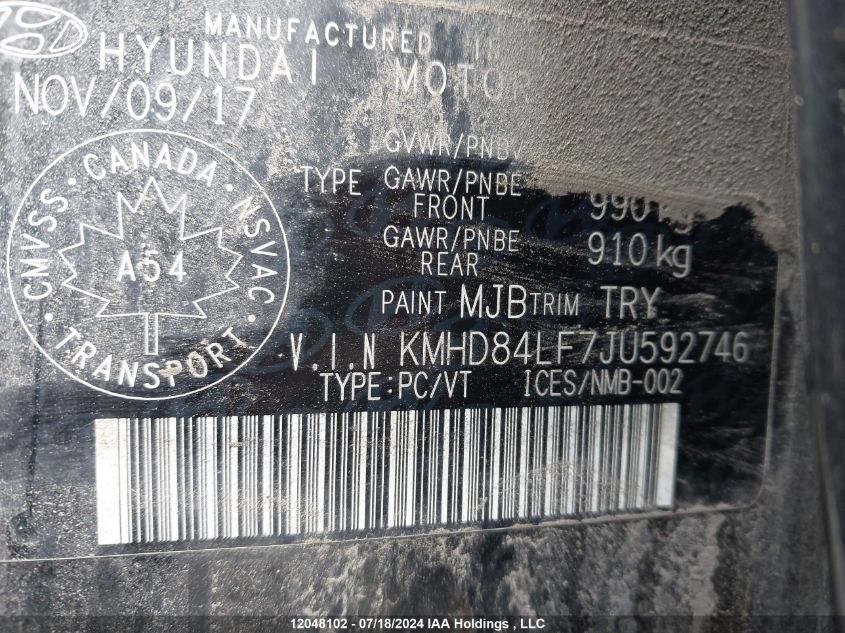 2018 Hyundai Elantra Sel/Value/Limited VIN: KMHD84LF7JU592746 Lot: 12048102