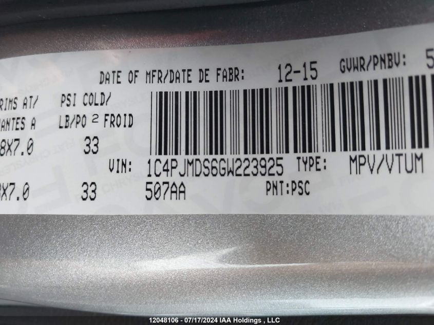 2016 Jeep Cherokee Limited VIN: 1C4PJMDS6GW223925 Lot: 12048106