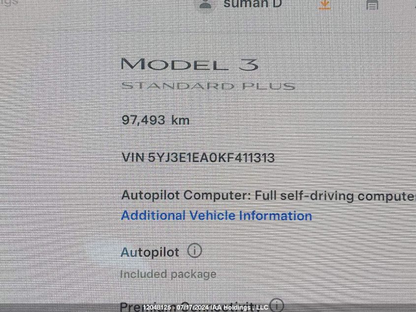 2019 Tesla Model 3 VIN: 5YJ3E1EA0KF411313 Lot: 12048125