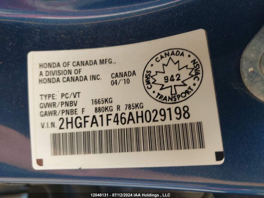 2010 Honda Civic Dx-G VIN: 2HGFA1F46AH029198 Lot: 12048131