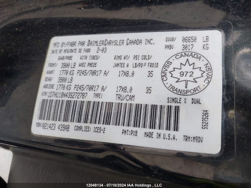 2003 Dodge Ram 1500 VIN: 1D7HU18N43S272787 Lot: 12048134