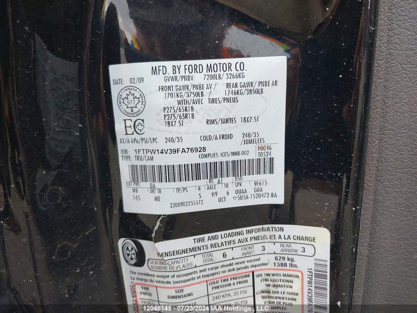 2009 Ford F-150 VIN: 1FTPW14V39FA76928 Lot: 12048145