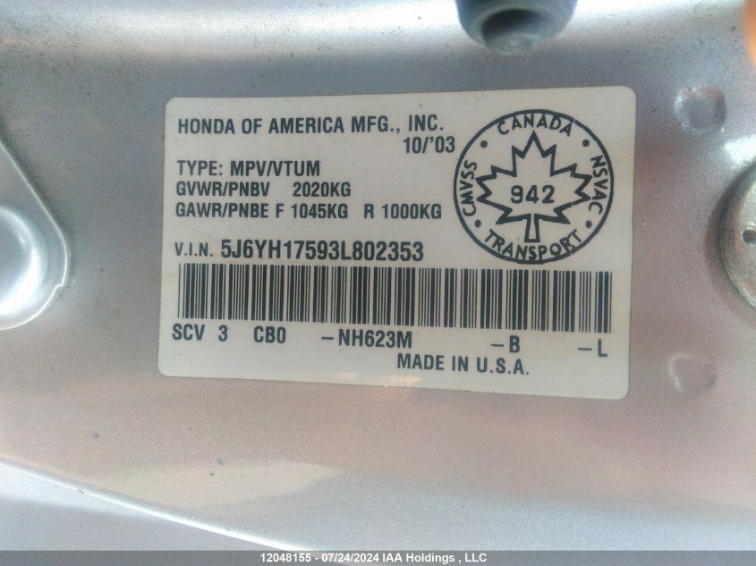 2003 Honda Element VIN: 5J6YH17593L802353 Lot: 12048155