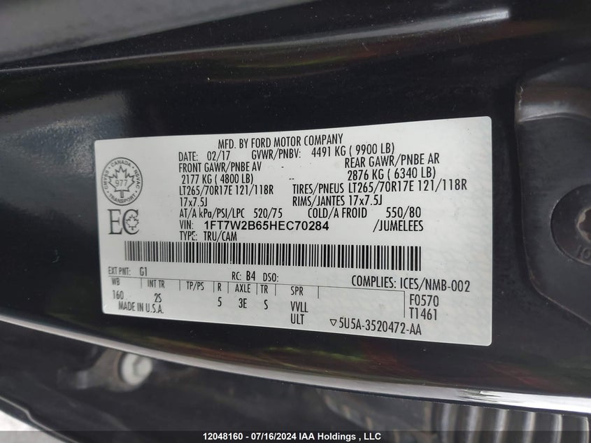 2017 Ford F-250 Xlt VIN: 1FT7W2B65HEC70284 Lot: 12048160