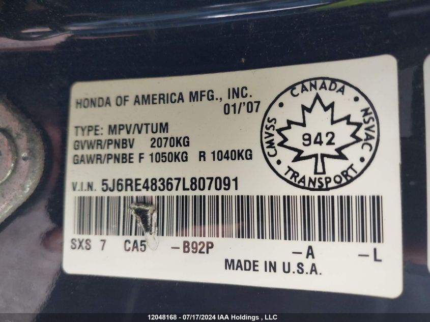 2007 Honda Cr-V VIN: 5J6RE48367L807091 Lot: 12048168