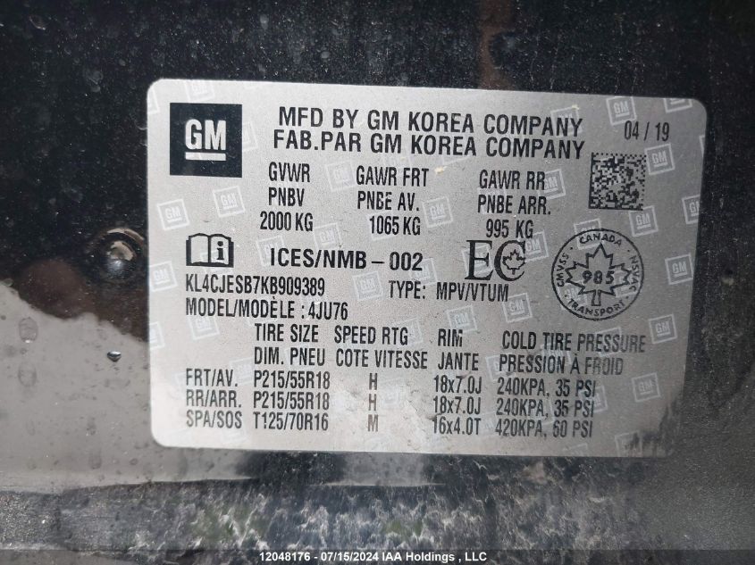 2019 Buick Encore VIN: KL4CJESB7KB909389 Lot: 12048176