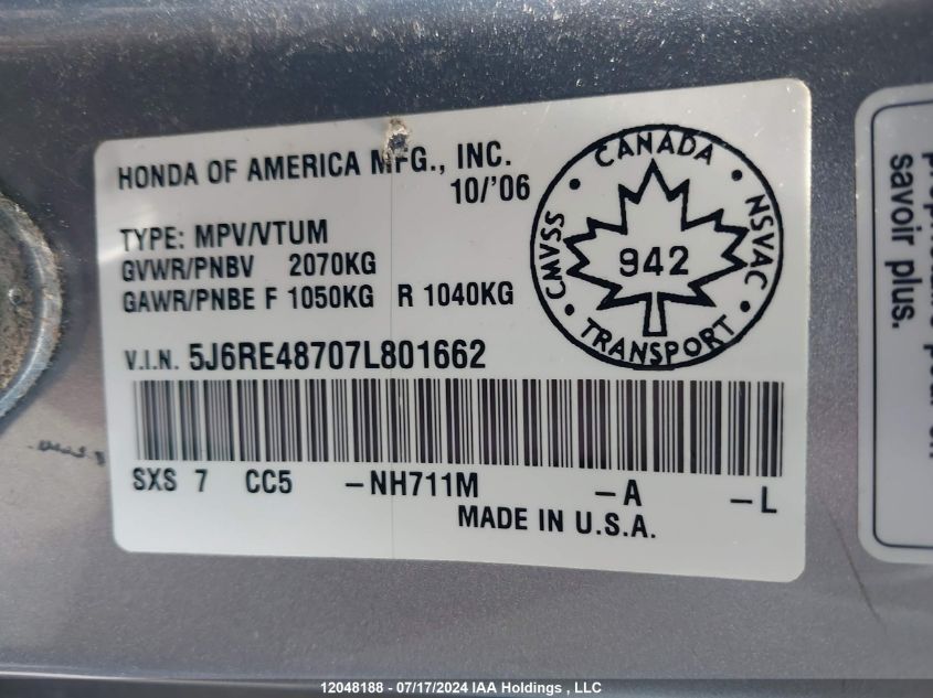 2007 Honda Cr-V VIN: 5J6RE48707L801662 Lot: 12048188