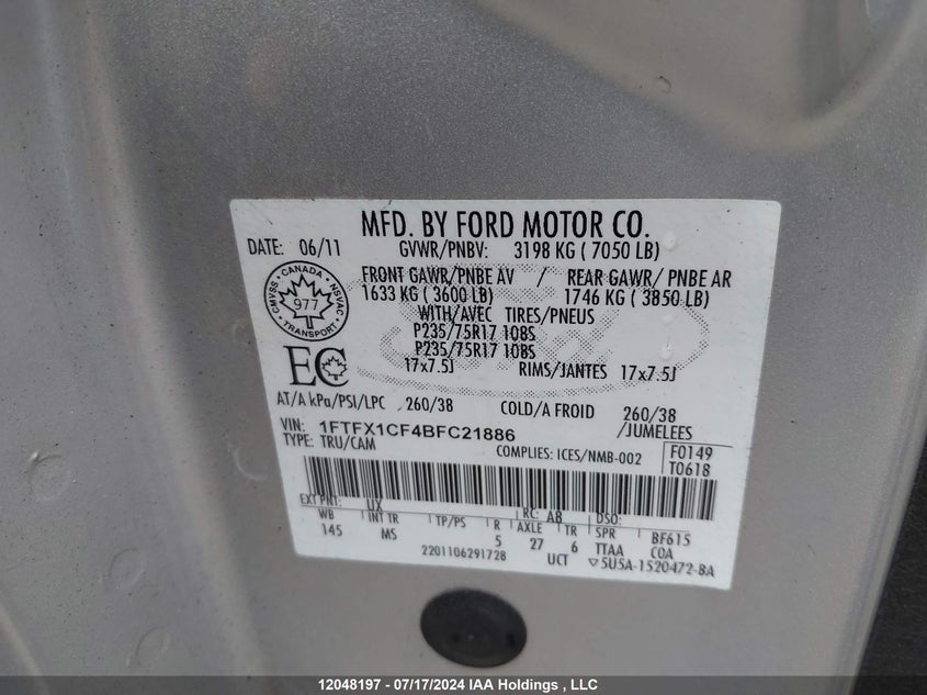 2011 Ford F150 Super Cab VIN: 1FTFX1CF4BFC21886 Lot: 12048197