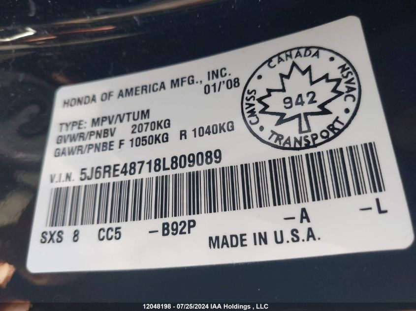 2008 Honda Cr-V VIN: 5J6RE48718L809089 Lot: 12048198