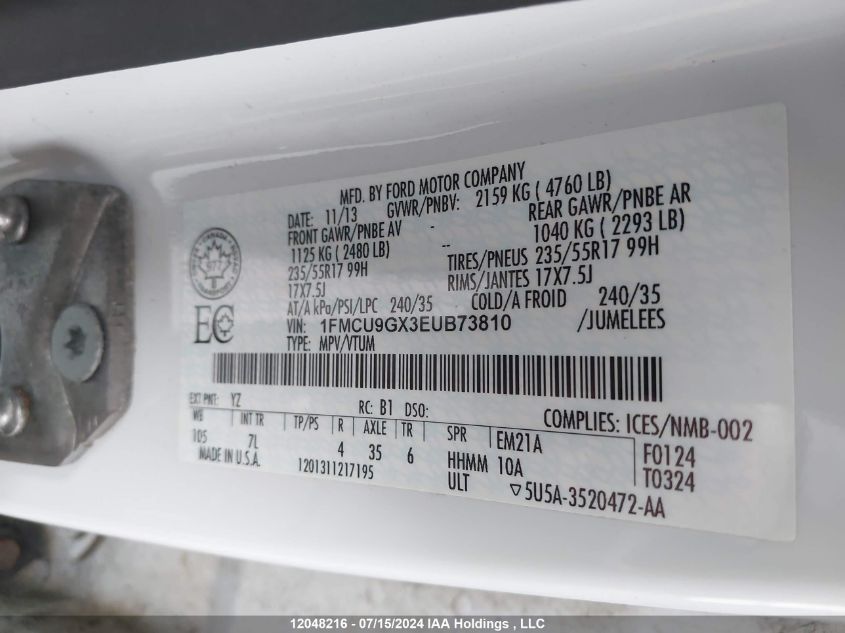 2014 Ford Escape Se VIN: 1FMCU9GX3EUB73810 Lot: 12048216