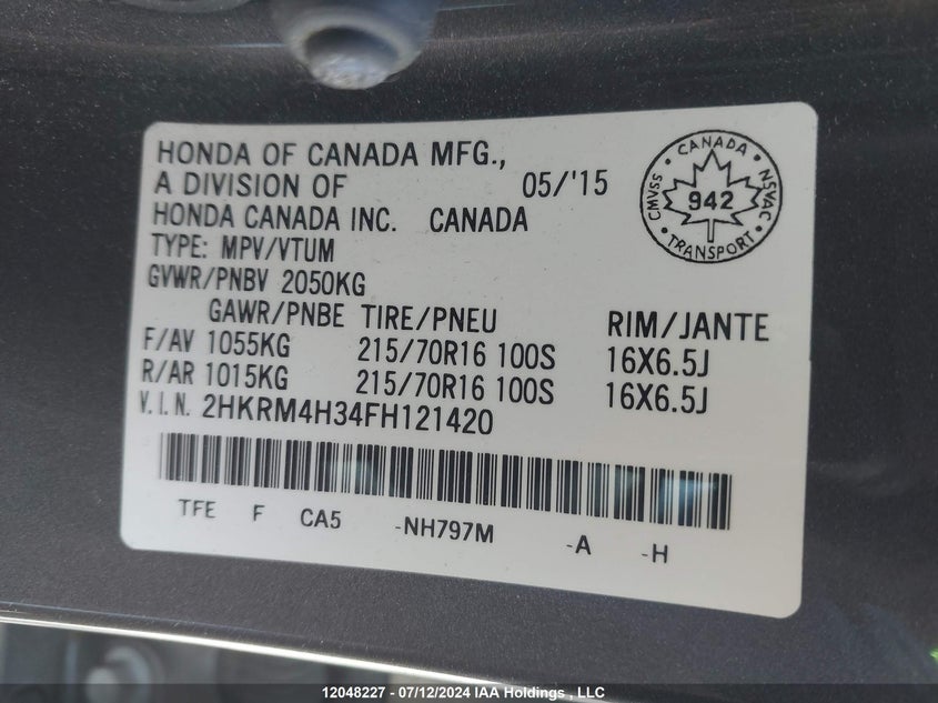 2015 Honda Cr-V Lx VIN: 2HKRM4H34FH121420 Lot: 12048227