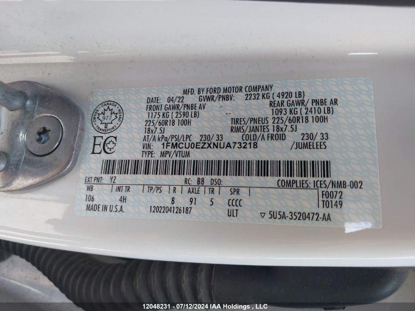 2022 Ford Escape Se VIN: 1FMCU0EZXNUA73218 Lot: 12048231