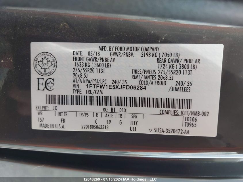 2018 Ford F-150 Xlt VIN: 1FTFW1E5XJFD06284 Lot: 12048260