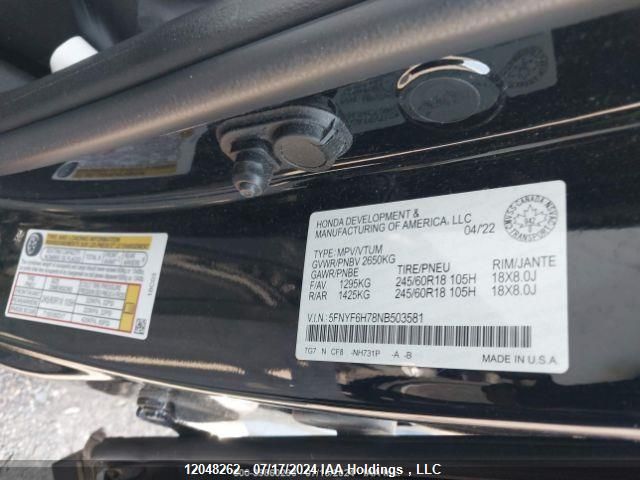 2022 Honda Pilot Black VIN: 5FNYF6H78NB503581 Lot: 12048262