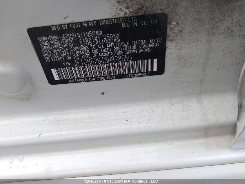 2008 Subaru Impreza VIN: JF1GH62648H828650 Lot: 12048270