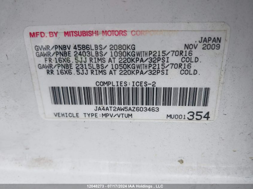 2010 Mitsubishi Outlander VIN: JA4AT2AW5AZ603463 Lot: 12048273