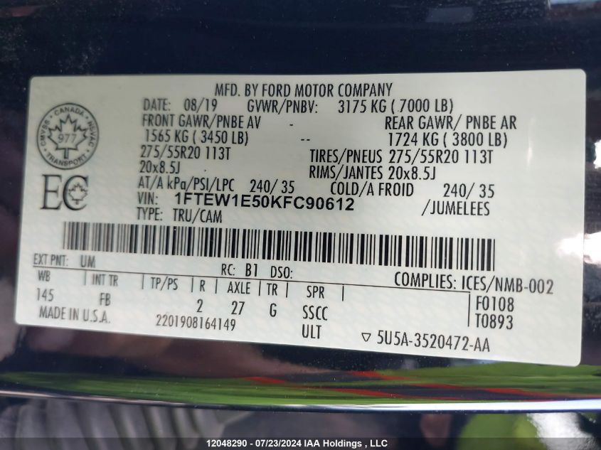 2019 Ford F150 Supercrew VIN: 1FTEW1E50KFC90612 Lot: 12048290