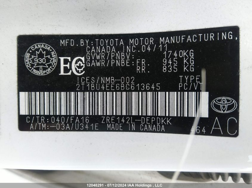 2011 Toyota Corolla VIN: 2T1BU4EE6BC613645 Lot: 12048291